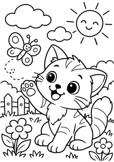 Котёнок играет с бабочкой